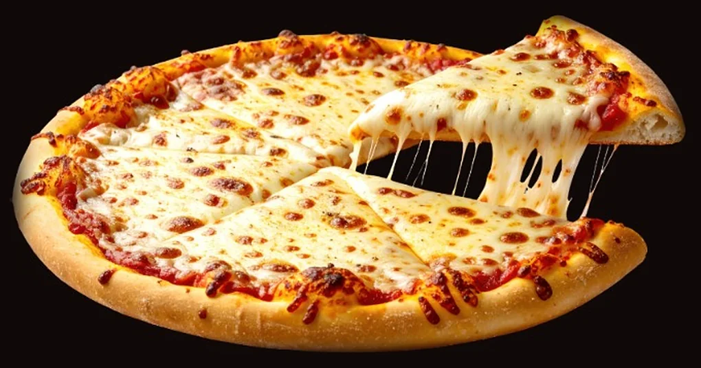 Pizza de queijo inteira, com uma fatia levantada e o queijo puxando
